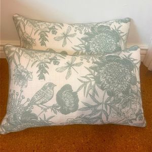 set of two thro feather filled 12x20 pillows green bird floral striped on back